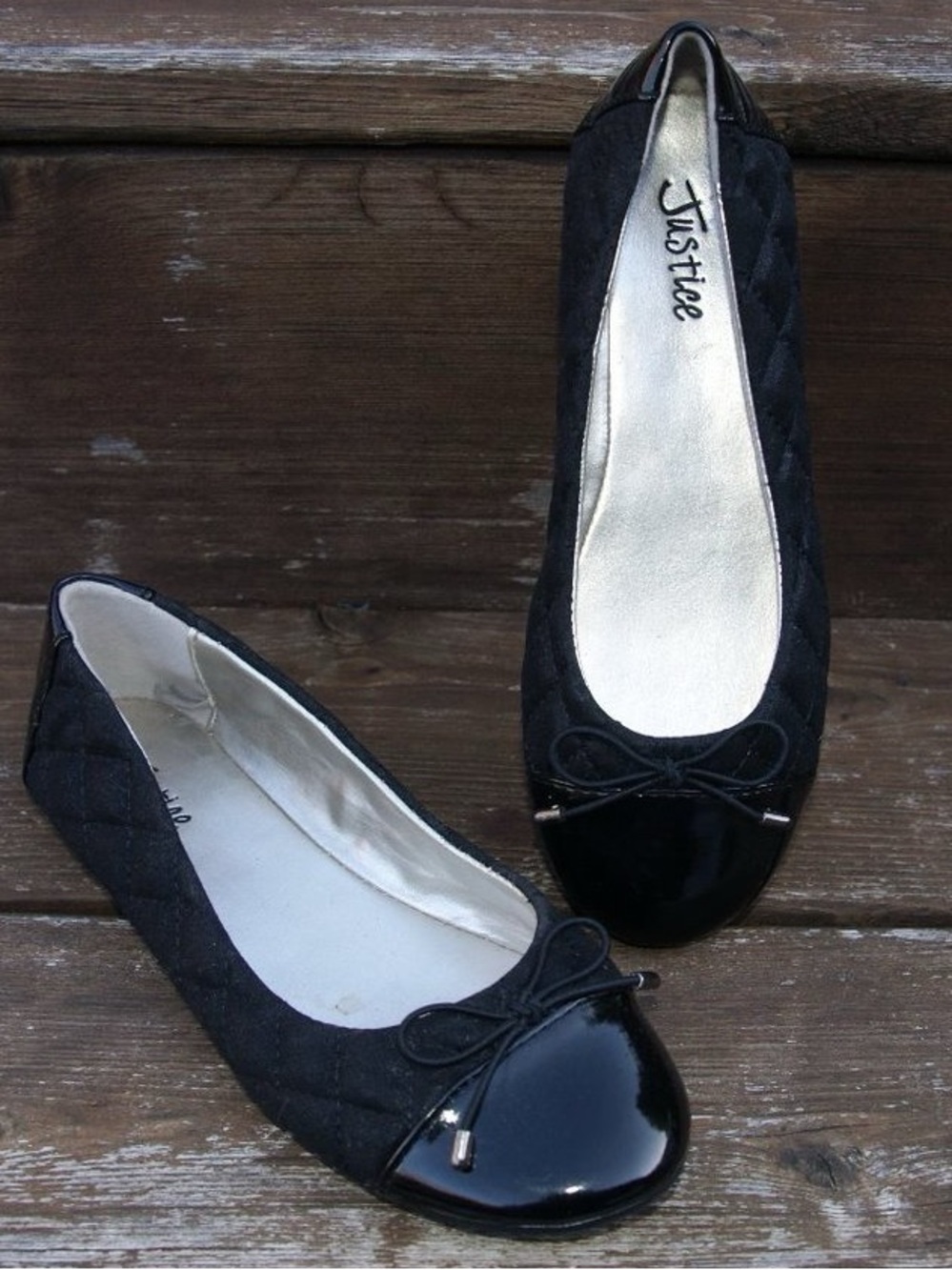 Justice Black Quilted Ballet Flats Patent Toe Bow Slip On Shoes Size 8 - Picture 3 of 12